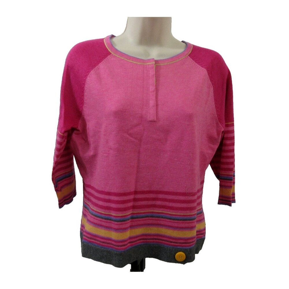 i.e. Relaxed Sweater Petite Lg Pink Striped Button Raglan 3/4 Sleeve Thin Knit